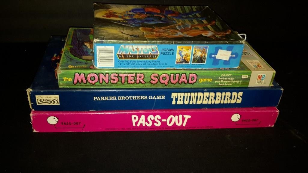 Vintage Board Games & Puzzles (4): Masters of the Universe jigsaw puzzle, The Monster Squad game, Thunderbirds, & Pass-out game