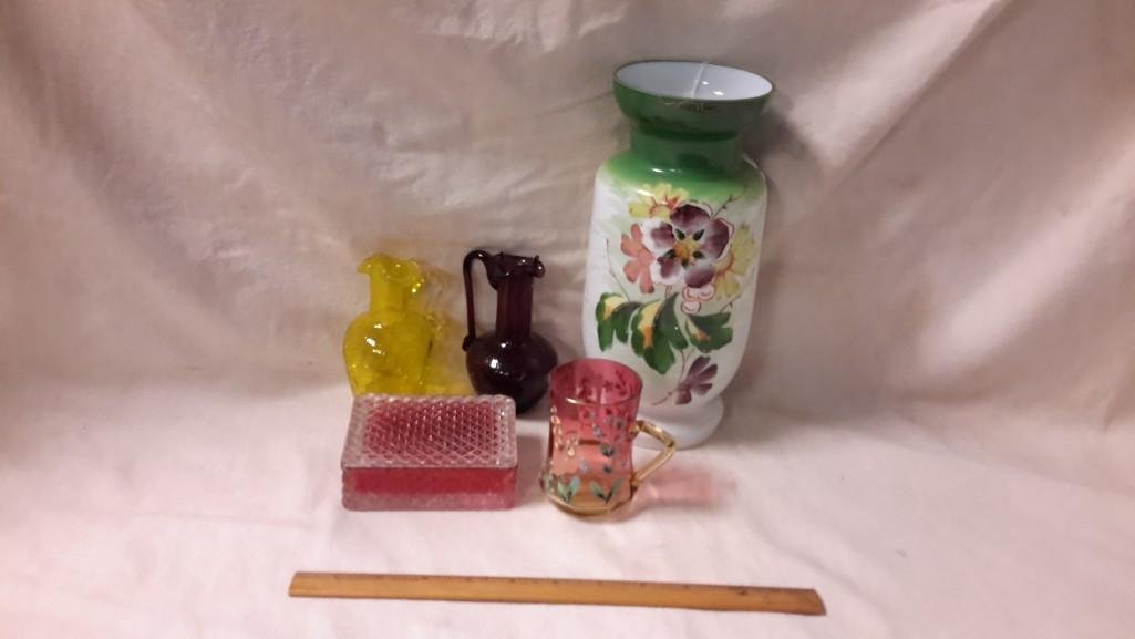 Decorative Art Glass (5): Two crackle glass pieces measuring 4 1/2" tall, enamel floral design cup measuring 3 1/2" tall, cranberry glass trinket box measures 1 1/2" tall x 4 1/2" long by 3 1/4" deep, 