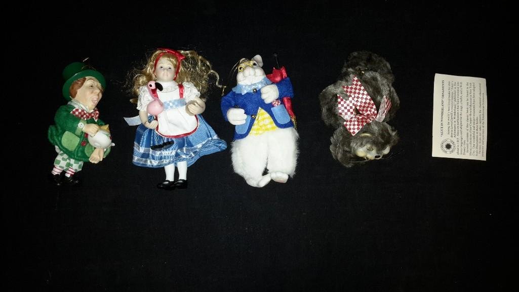 Alice in Wonderland Ornaments (4): Plush and porcelain figures, all are in good condition