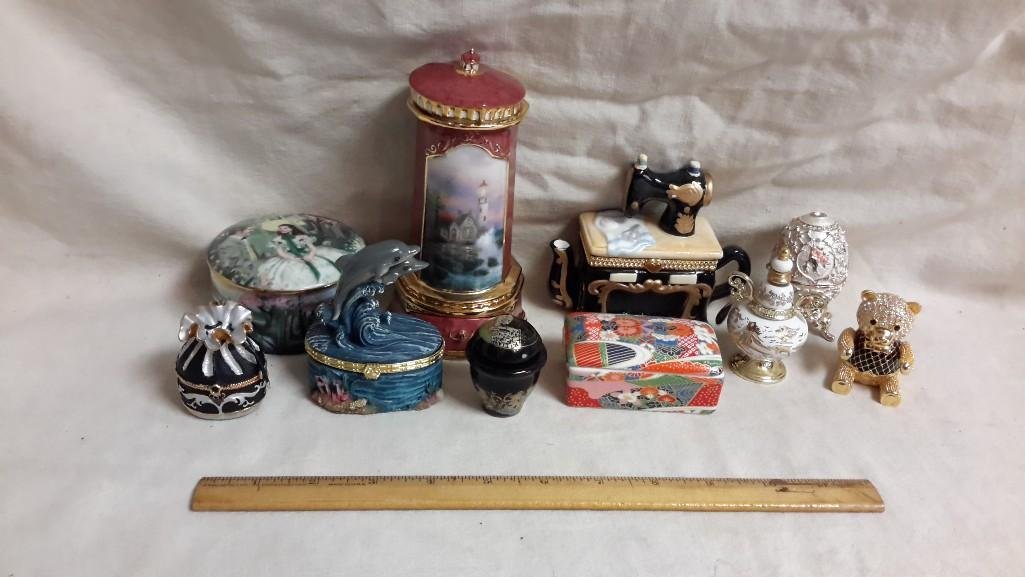 Trinket Box and Bottle Collection (10): Ranging in size from 2" to 6". Dolphin marked; Agency Fine Arts. Egg on gold colored stand has no markings. Round box is Gone With the Wind marked; W L. George fine china, "Scarle