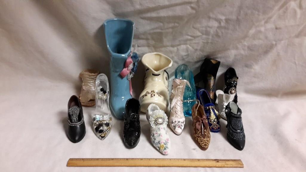 Decorative Miniature Shoe Collection (15): 6 of them are marked Putting on the Ritz by Popular Imports. Years range from 1999-2000. One is Nostalgia by Popular Imports. Just the Right Shoe Venus in Pearls. Large white one is Charlotte Royal Cr