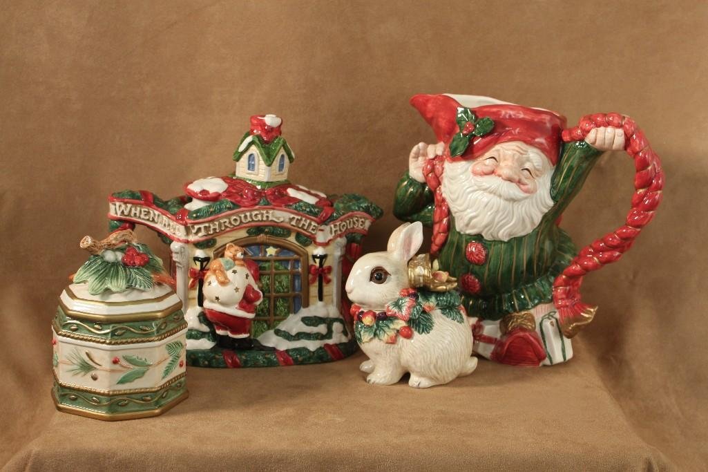 Flitz and Floyd Christmas Collection (4): Container with lid marked Fitz and Floyd Classics Winter Wonderland, Rabbit with lid marked Fitz and Floyd Classics, Cottage teapot marked Fitz and Floyd - handle on the lid needs to be repaired
