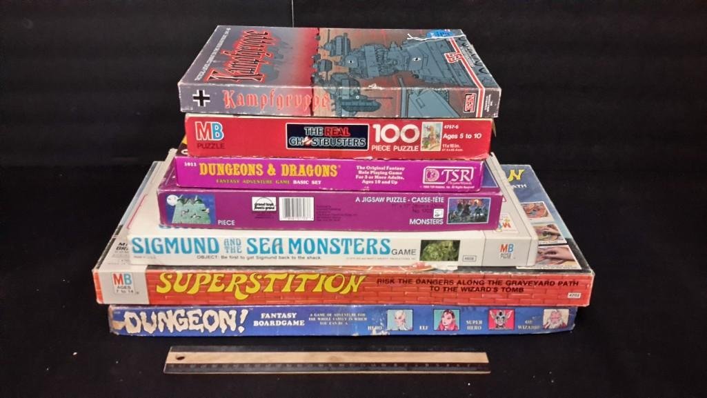 Vintage Board Games & Puzzles (7): Kampfgruppe, the real ghost busters puzzle, Dungeons and dragons, Monsters puzzle, Sigmond and the Sea Monsters, Superstition, & Dungeon game
