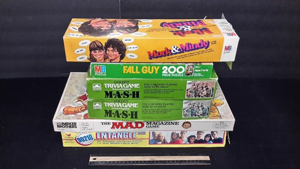 Vintage Board Games & Puzzles (6): Mork & Mindy Card Game, Fall Guy puzzle, (2) Mash trivia game, the Mad Magazine Game, & Entangle Game