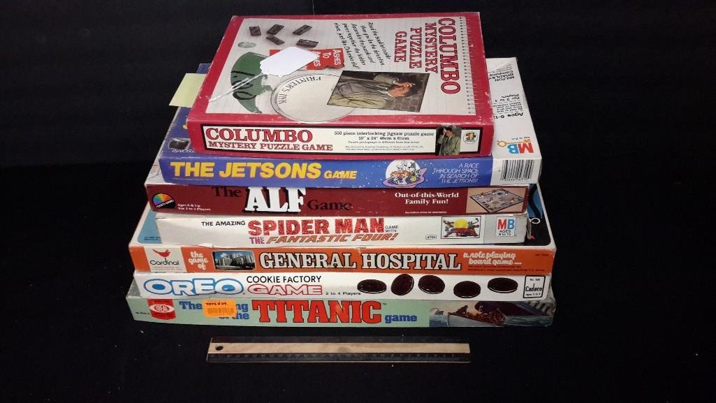 Vintage Board Games & Puzzle (7): Columbo Mystery puzzle, the Jetson Game, the Alf Game, The amazing spider-man game, General Hospital Game, Oreo Cookie Factory Game, & Titantic Game