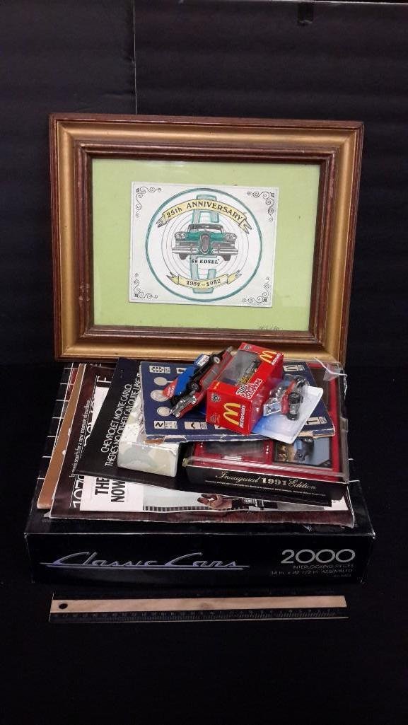 assorted Automobile Items: Corvette Collector's Cards racing Champions, Hot Wheels, Springbok jigsaw puzzle, and more 