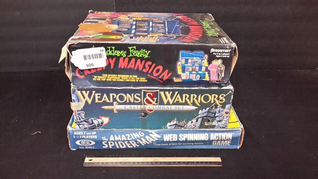 Board Games (3): The Adams Family Creepy Mansion, Weapon & Warriors Castle and Combat set, & The Amazing Spider-man Web Spinning Action Game