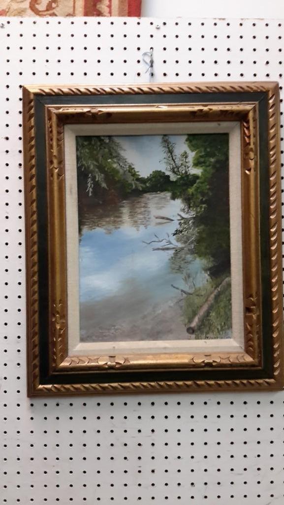 T. Hartshorn Original Art on Board: River scene, has some scratches. Nice gold and black frame. Measures 19" x 23". 