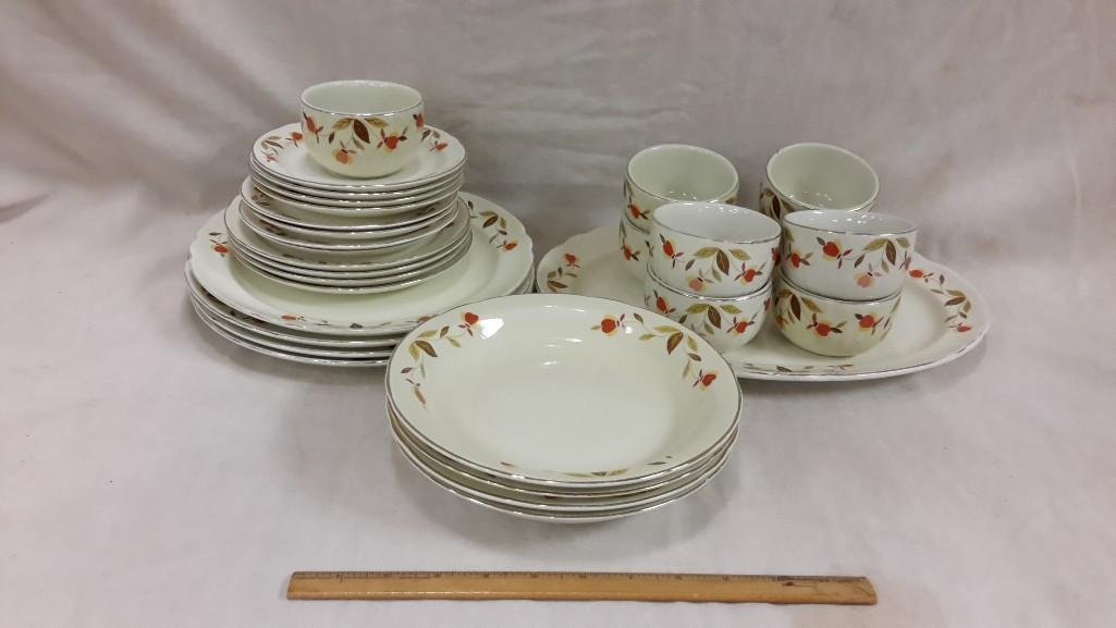 Hall Quality Dinnerware (30): Four piece place setting for 4, dinner plates, salad plates, soup bowls, 1 platter and 8 berry bowls, bread & butter plates. All in good condition.