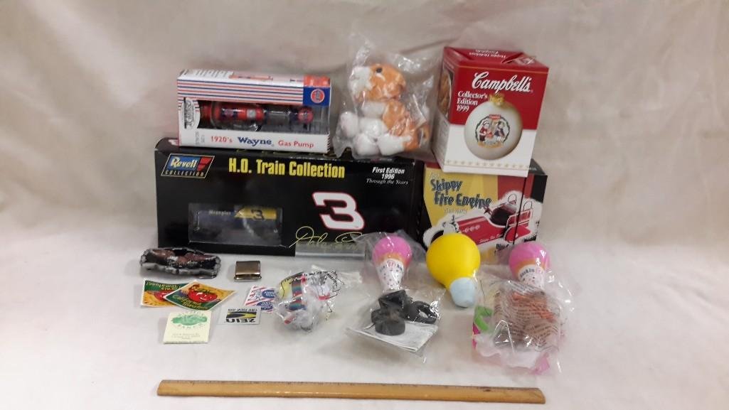 Fast Foods Give-away Toys: Baskin Robins, Jack in the box, McDonalds,plus Campbells tree ornament, Miniature Revell train collection, skippy fire engine, gulf gas bump and more.