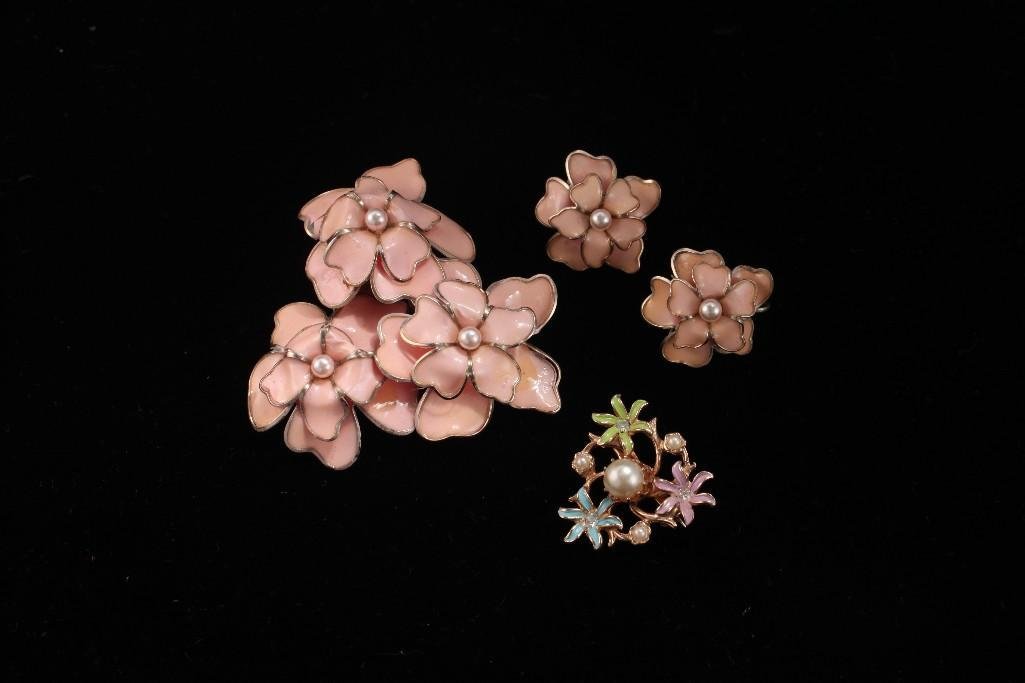 Vintage Plastic Enameled brooch and earrings: Sweet peach colored enameled and faux pearl brooch and earrings plus one gold tone floral pin