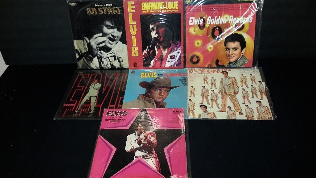 Vintage Elvis Vinyl Records (7): Elvis On Stage, Elvis Burning Love, Elvis Sings Flaming Star, Elvis ths is Bab Harrison, Elvis' Gold Records, Elvis' Gold Record Volume 2, & Elvis Sing Hits from his Movies 