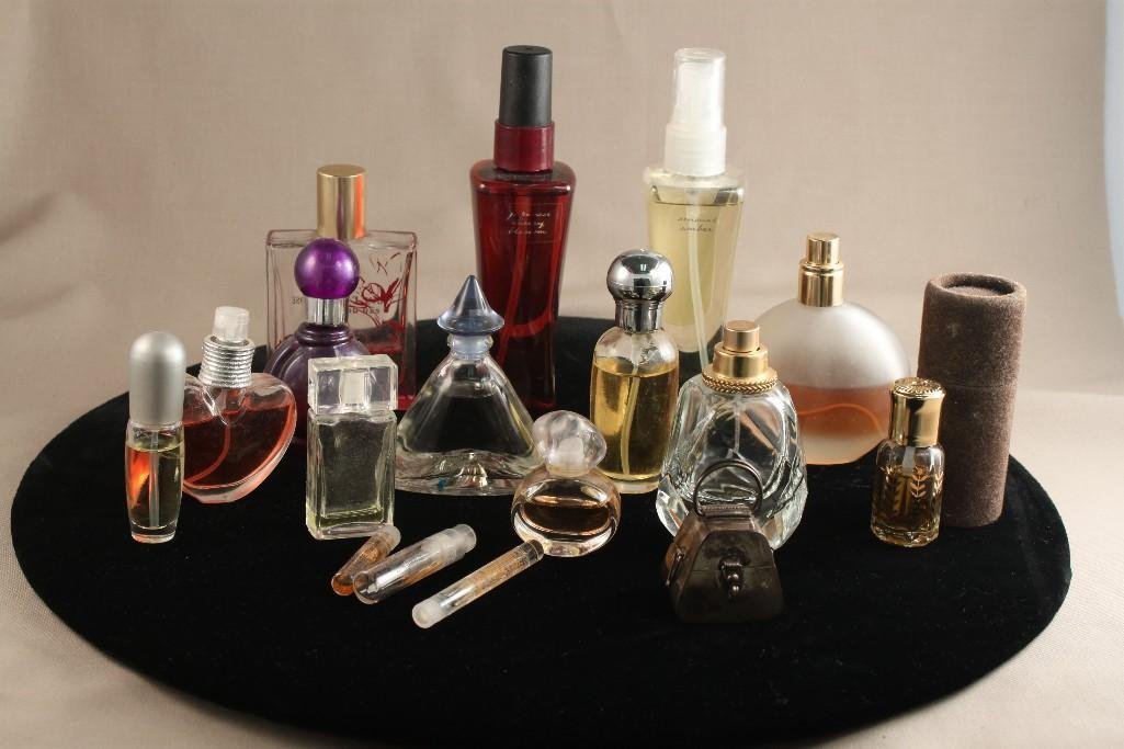 Sterling Silver Trinket Box & Perfume Bottles (17): Sweet little box, styled like a handbag. Possible pill box and various perfume bottles. Glass and plastic. Ming Shu, Velvet Tuberose, Cherry Blossom, and others.