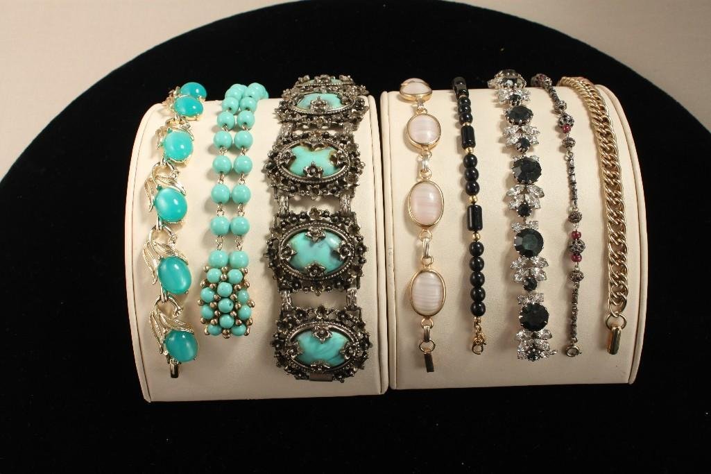 Vintage Bracelets (8): Black & Clear Rhinestone bracelet, turquoise-like beads and others
