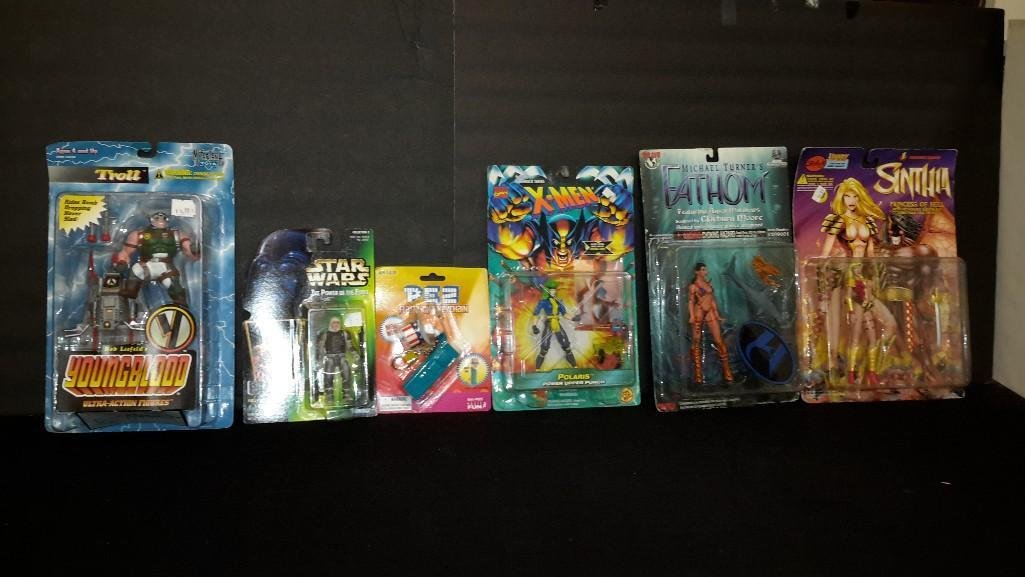 Assorted Collectible Action Figures (6): All are in original packaging, youngblood, Sintha, Fathom, X-men, Star Wars, & a Pez flashlight keychain