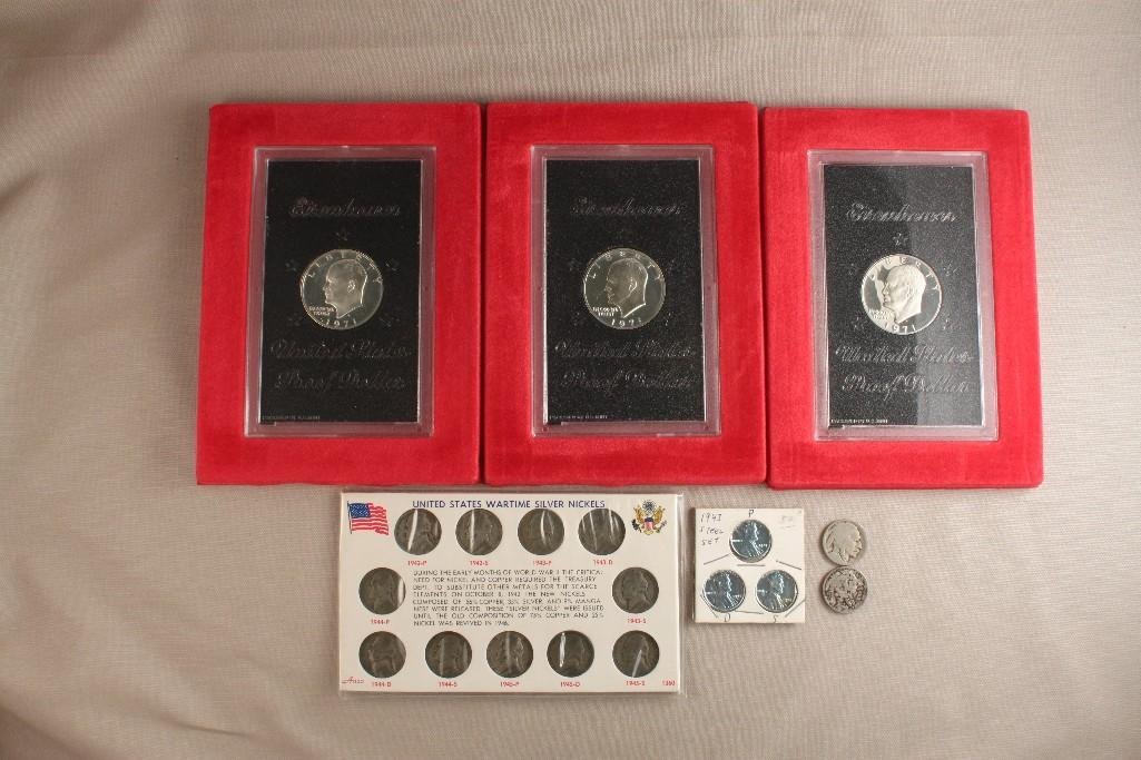 Eisenhower US Proof Dollar & War Time Nickels: Three S series Eisenhower dollars in original packaging. One War Time silver nickels, Two indian head nickels, and three 1943 steel pennies. 