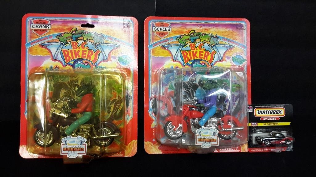 B.C. Bikers figures & a Matchbox "62 Corvette (3): All re in original packaging