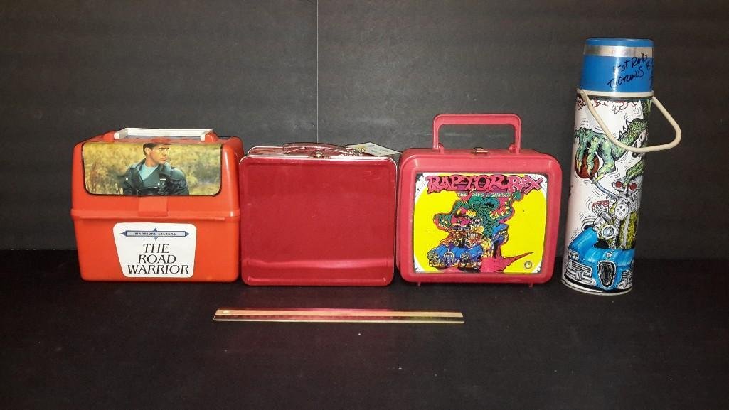 Steel & Plastic Lunch Boxes With One Steel Thermos: The Road Warriors Plastic Lunch Box, REd Steel Lunch Box, Raptor Rex Plastic lunch box, & Raptor Rex Thermos Made By Stan Lemkuil "worlds loudest man"