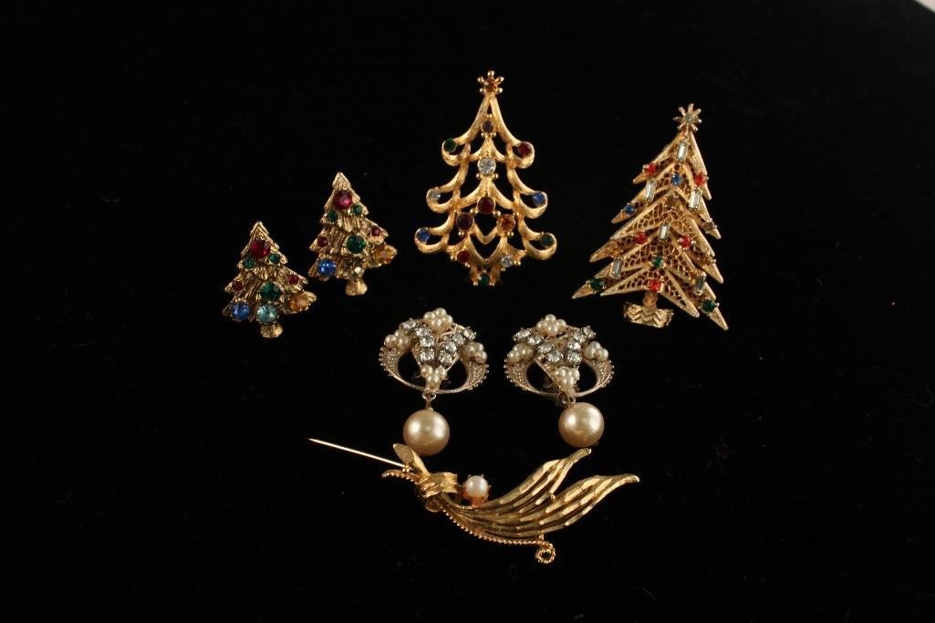 Monet and Art Costume Jewelry: Christmas Tree pins by Monet and Art, plus unmarked clip-on earrings and another pin.