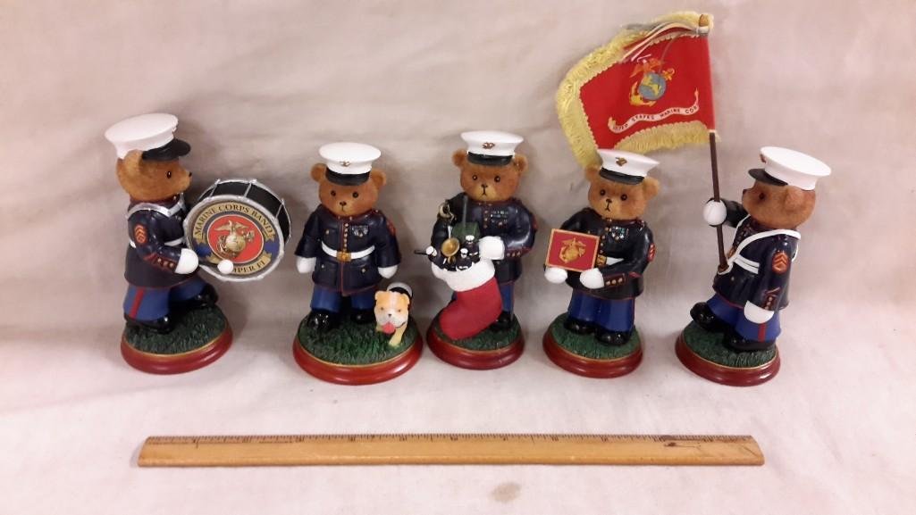 Semper Fi Hamilton Collection Bear Figurines (5): 5.5" tall, titled Marching Mascot, Corps Commitment, Esprit de Christmas, Colors of Freedom and Cadence of the Corps. Resin, all in good condition.
