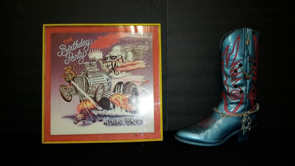 Art By Stan Lemkuil "worlds loudest man" (2): Decorative cowboy boot & Framed art "the Birthday Party Junk Ward" with Ed "big daddy" Roth