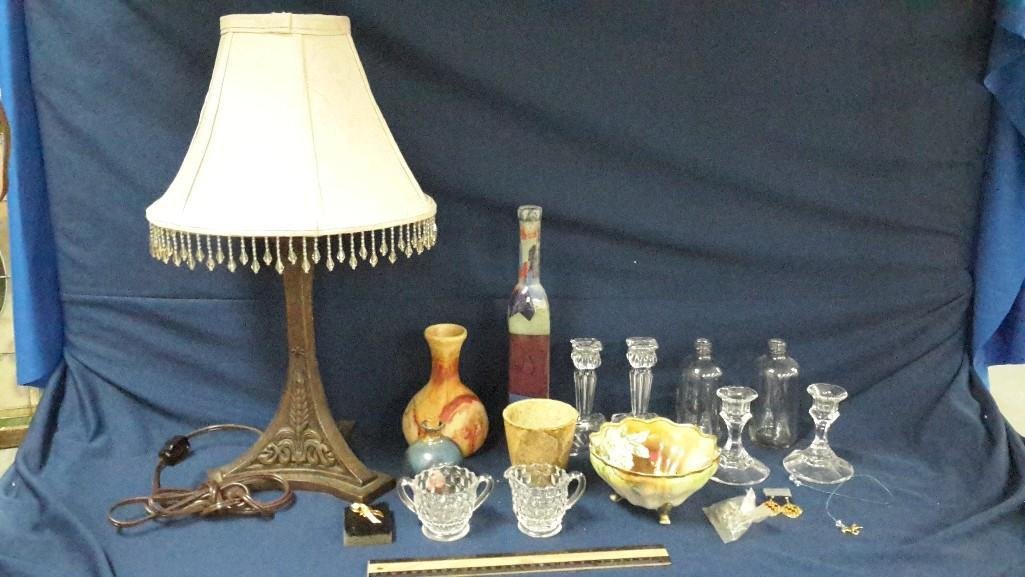 Table Lamp and Home Decor: Table lamp measures 20" tall and takes 3 light bulbs. Clear glass candle holders, Nemadji USA Pottery vase and more...