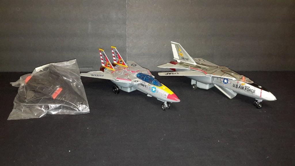 Plastic Toy Jet Planes (3): U.S. Air Force, Navy Jet, & One other Black Toy Plane