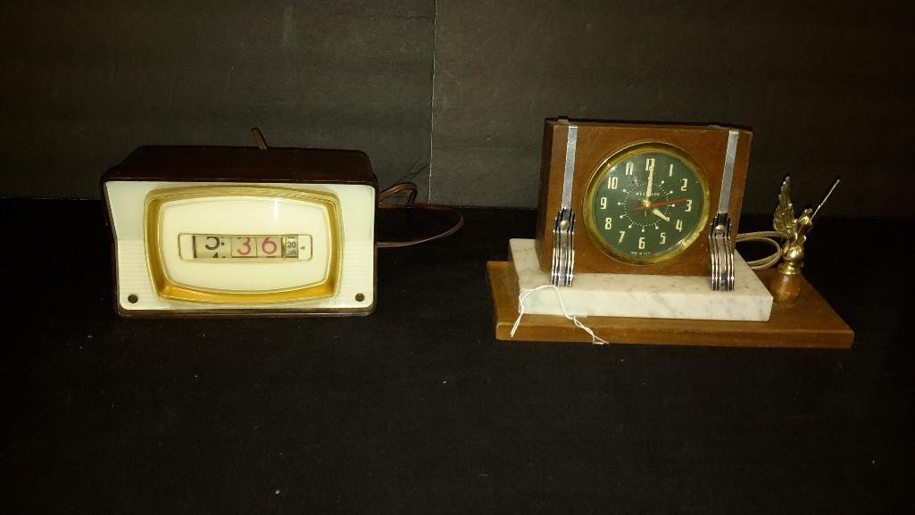 Vintage Desk Clocks (2): WestClox with a Wood and Marble Base & a Numechron Tymeter clock