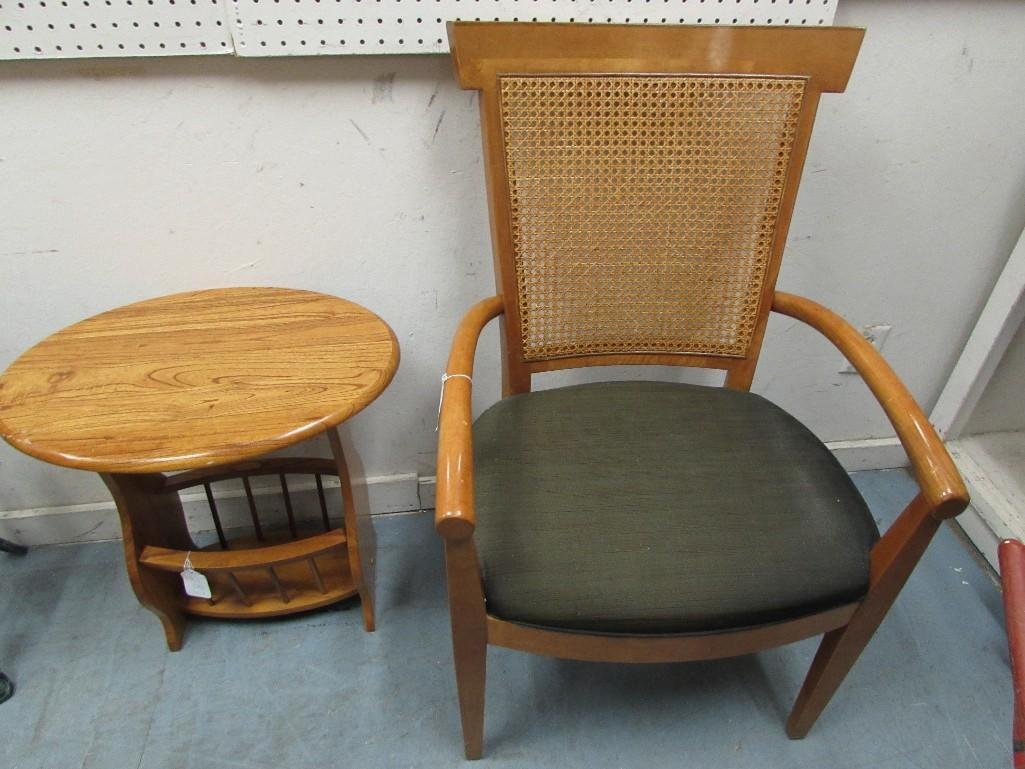 Chair and Side Table: Chair measures 38" tall, 23" wide and 17" deep. Has cane backing, upholstery is in good condition (little worn). Chair arm shows wear. Side table measures 22 1/2" tall and 24"