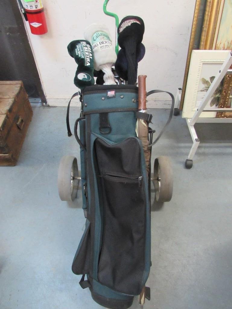 Golf Clubs, Bag and Caddy: Bag is brand Golf Smith, Golf Club names; Callaway, Ping, Big Bertha, Golf Pride Soffti, Gems and more. Bag with carrying stand measures 61" long. Carrying stand is brand Stowaway. Total of 13 cl