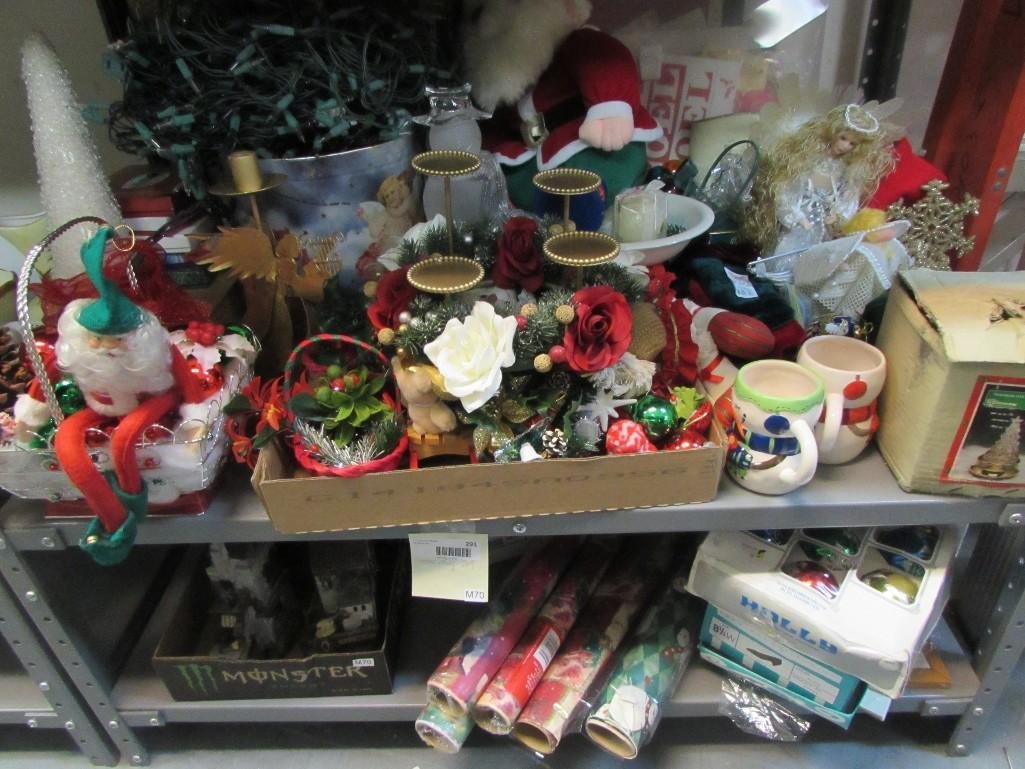 Large Christmas Collection: Lights, vintage bulbs, snow man mugs, angel, bags and boxes, decorative candle stand and more..