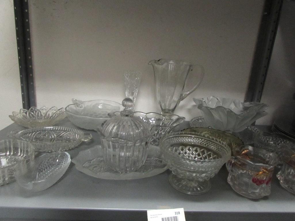 Glassware Collection (17): 2 cherry with gold accent cups with handles marked Mosser Glass, one amber colored bowl, crystal vase, glass pitcher measuring 11" tall, candy dishes, strawberry frosted glass dish and more.