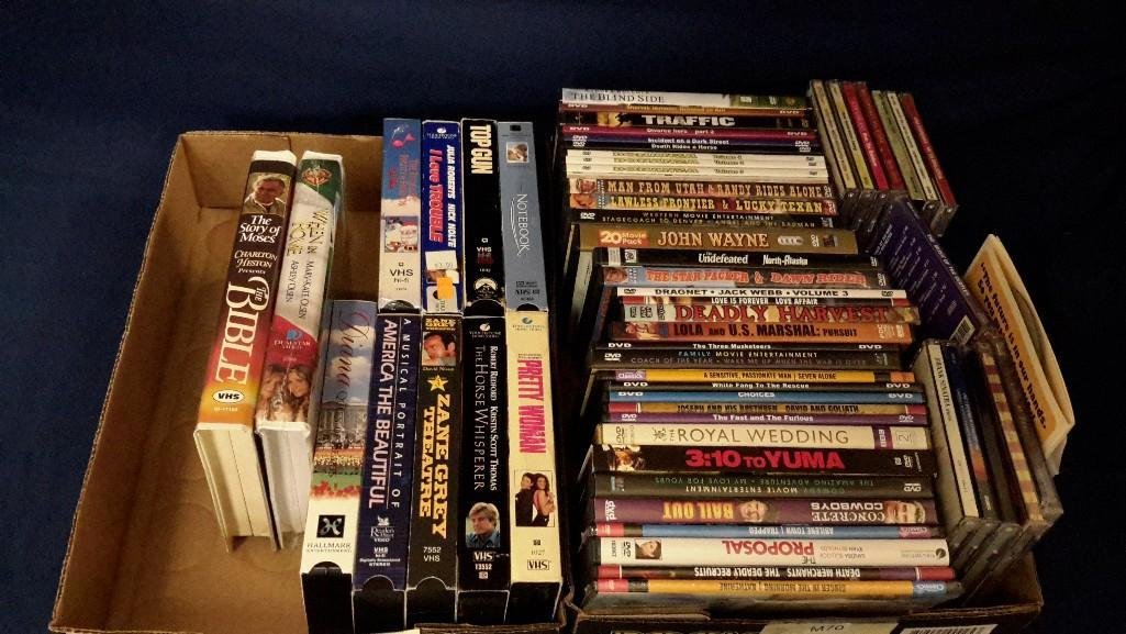 DVD, CD and VHS Collection: DVD's include; Concrete Cowboys, Bail Out Abilene Town, Trapped, The Proposal, Ginger in the Morning, Katherine and more. CD's include The 3 Tenors, Goombay Dance Band, Wings, Santa Fe Trail, Frank Si