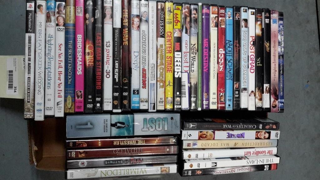 DVD Collection (42): Titles include; My Big Fat Greek Wedding, 13 Going on 30, Deeply, Mr.Deeds, The Core, Last Man Standing, Center Stage, Mr. Destiny, LOST SEASON 1, The Wrestler, Hidalgo, Wimbeldon, Postgrad and more. 