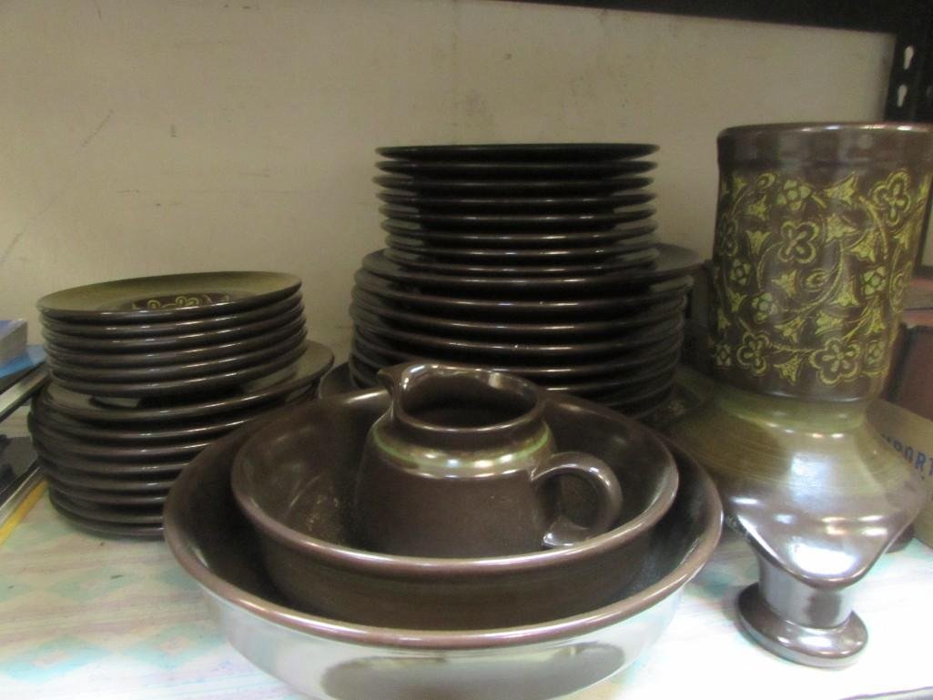 Franciscan Dinnerware (35): Stamped Franciscan, dark green and brown in color. Dinner and salad plates, saucers, serving bowls and pedestal and oval platter. 