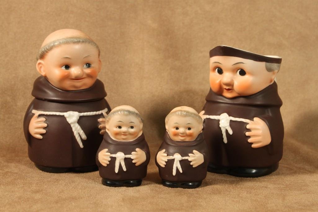 Goebel Hummel Friar Monk Figurines (4): Creamer, sugar and salt and pepper shakers, all are in fair condition, marked West Germany