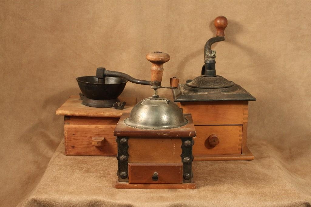 Vintage Coffee Grinders (3): All are wood with metal grinders, in fair condition. range in size from 5" to 6" wide