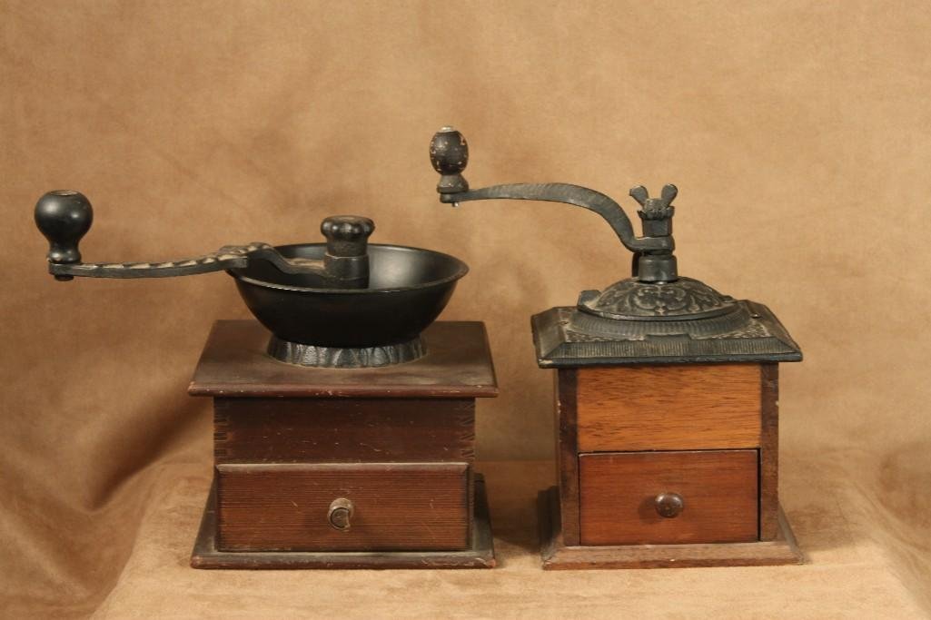 Vintage Coffee Grinders (2): wood case with metal grinder handles, good condition. 5.75" and 7" wide