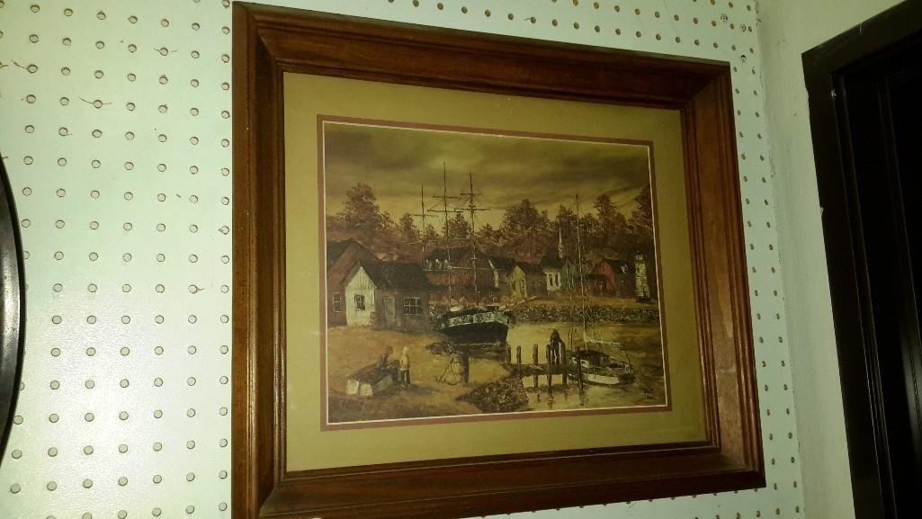 Framed Print Dock Scene: Signed Robert Lebron, frame measures 17" x 20"