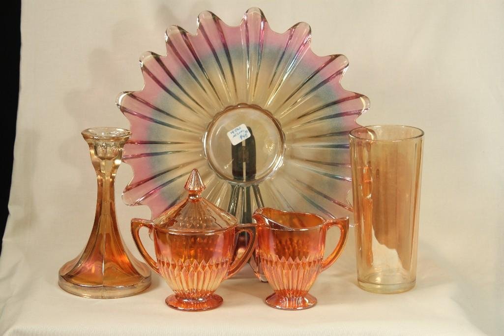 Vintage Collectible Carnival glass (5): Cream and sugar set, 1950's serving dish, candle stick holder, and a water goblet.