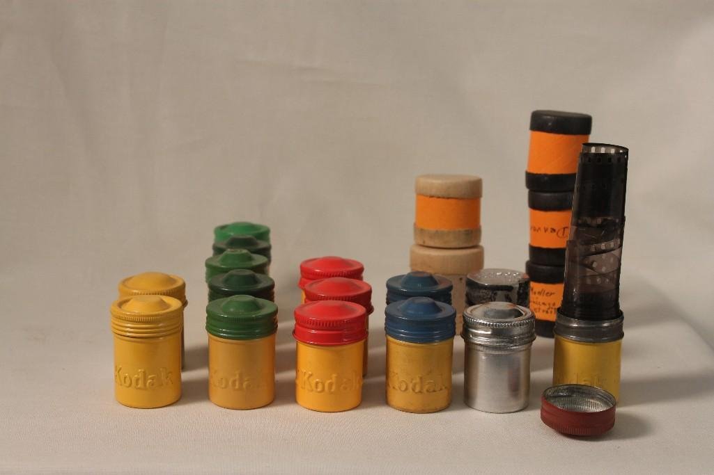 Vintage Kodak Film Canisters (20): All have screw tops, multi colored film canisters, (3) cardboard, rest are tin