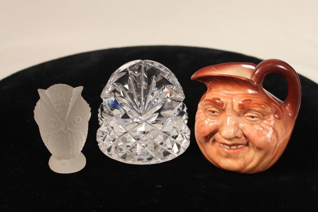 Paper Weights and a Miniature Pitcher: 3" clear crystal paper weight, 2.25" satin glass owl, and a Royal Dalton 3.5" mug face pitcher 