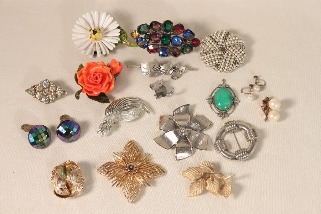 Vintage Costume Jewelry: Monet faux pearl brooch, rhinestone brooch & earrings, silver and gold tone pins