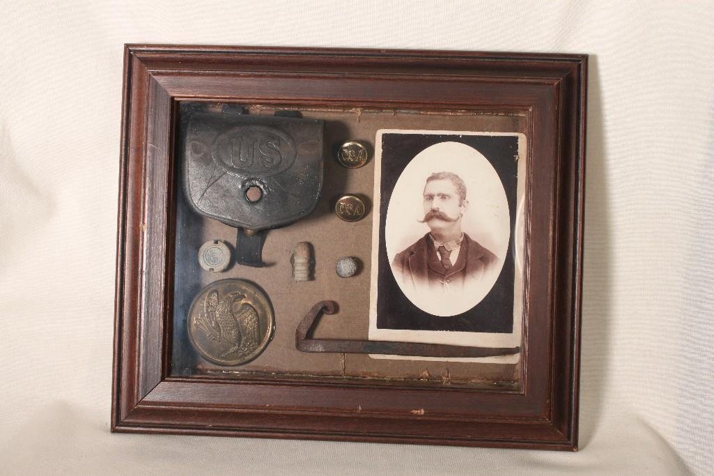 Civil War Memorobilia: Framed shadow box, has buttons photograph and other memorabilia