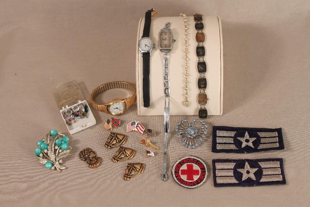 Vintage Jewelry & Watches: Timex ladies wrist watch, Acqua ladies wrist watch, rhinestone brooches, patches, and more 