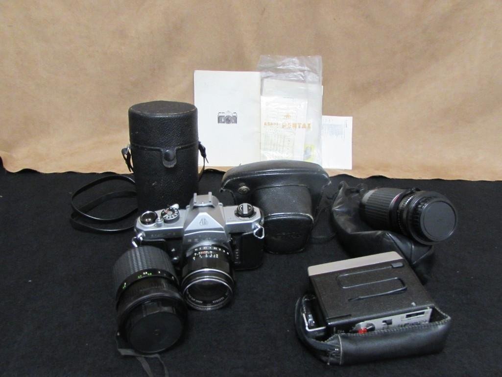 Asahi Pentax Spotmatic Camera: 35mm camera, Ozunon lens, Takumar Japan lens, & Toyo Optics camera lens with leather pouch, Kako auto beam flash accessory, comes with manuals, cords, and a nylon carrying case