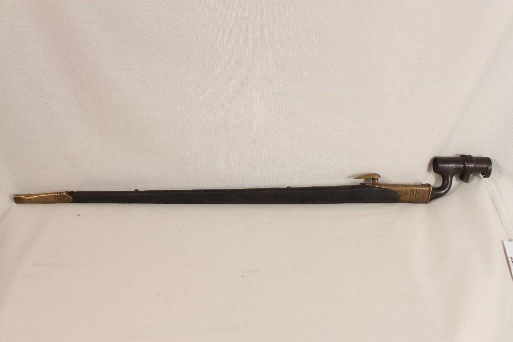 Civil War English Bayonet: Civil war era bayonet with sheath, 25.5" long, sheath is leather and brass 