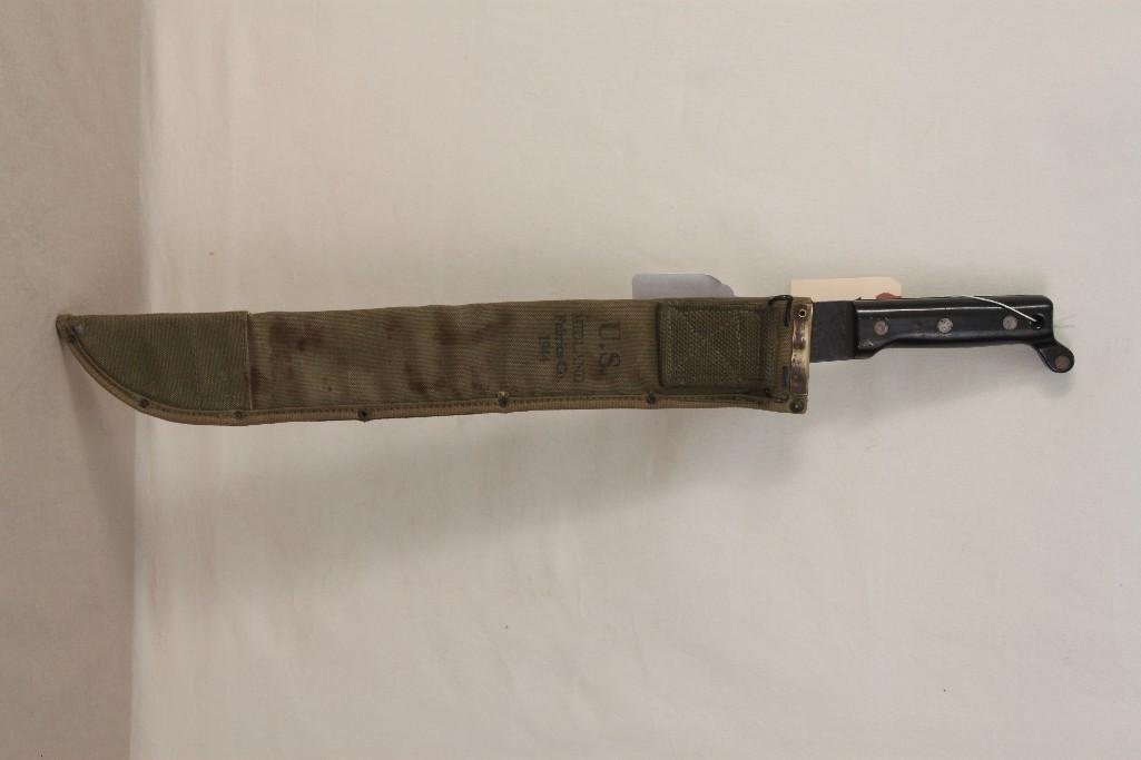 U.S. 1943 SWI Machete: WWII U.S. issued machete, with canvas sheath, 23" long 