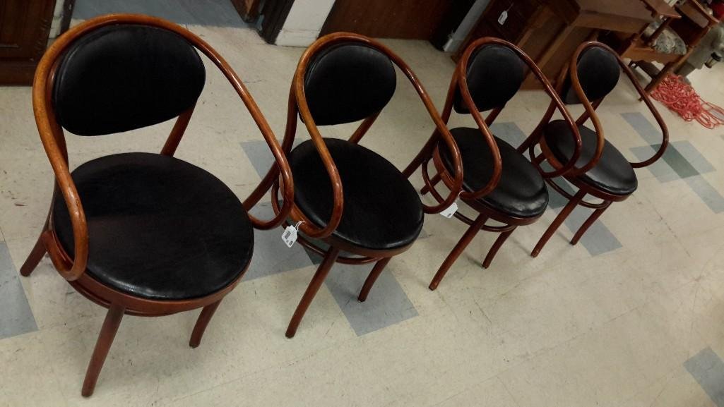 Thonet NY Barrel Back Chairs (4): Bent wood with black leather (?) upholstery, Michael Thonet furniture designer 