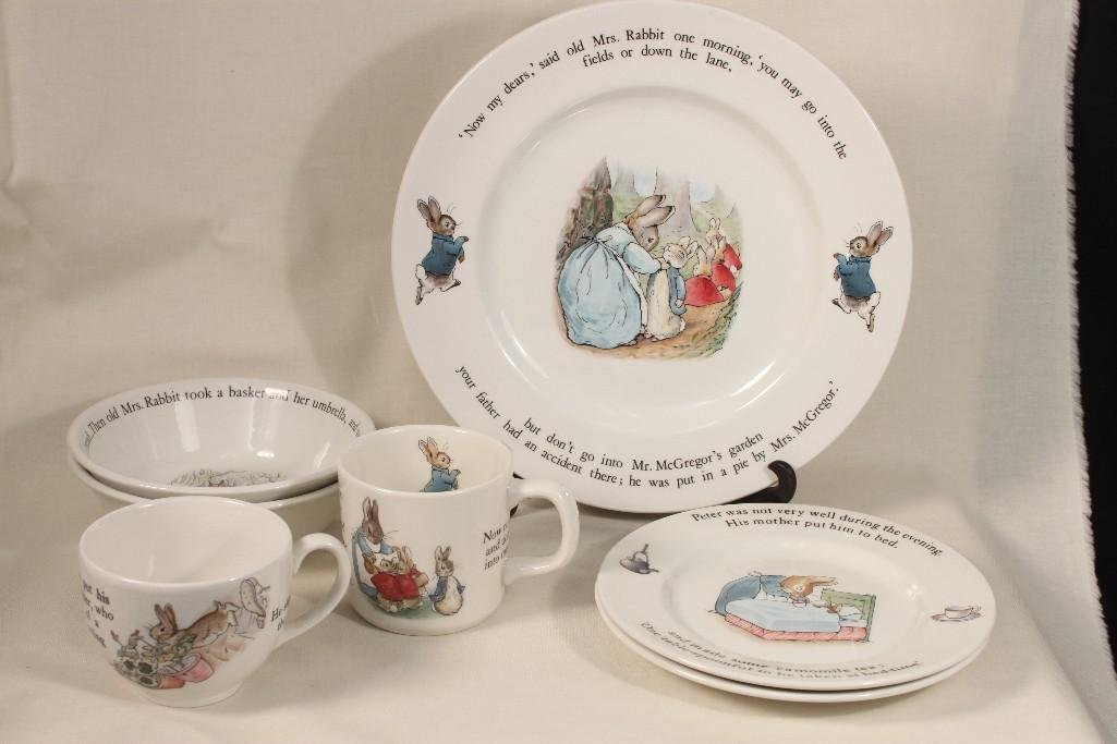 Wedgwood Beatrix Potter Peter Rabbit Dishes (7): One plate, two 7" plates, two bowls, two cups, all in good condtion
